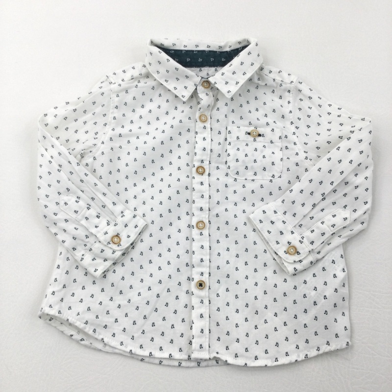 Musical Notes White & Dark Blue Long Sleeve Cotton Shirt - Boys 9-12 Months