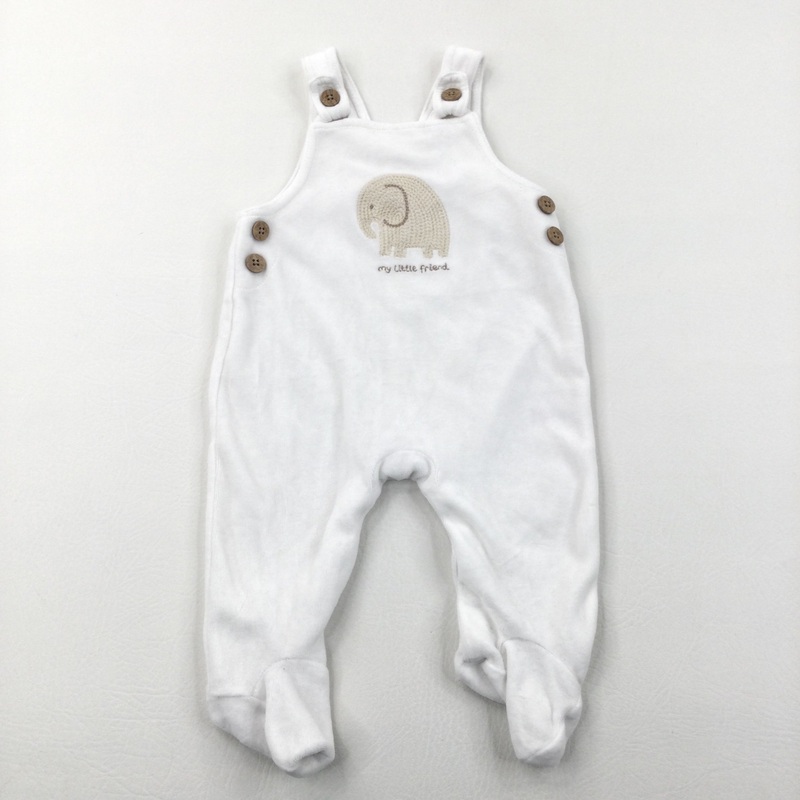 'My Little Friend' Elephant Embroidered White Velour Dungarees - Boys/Girls 3-6 Months