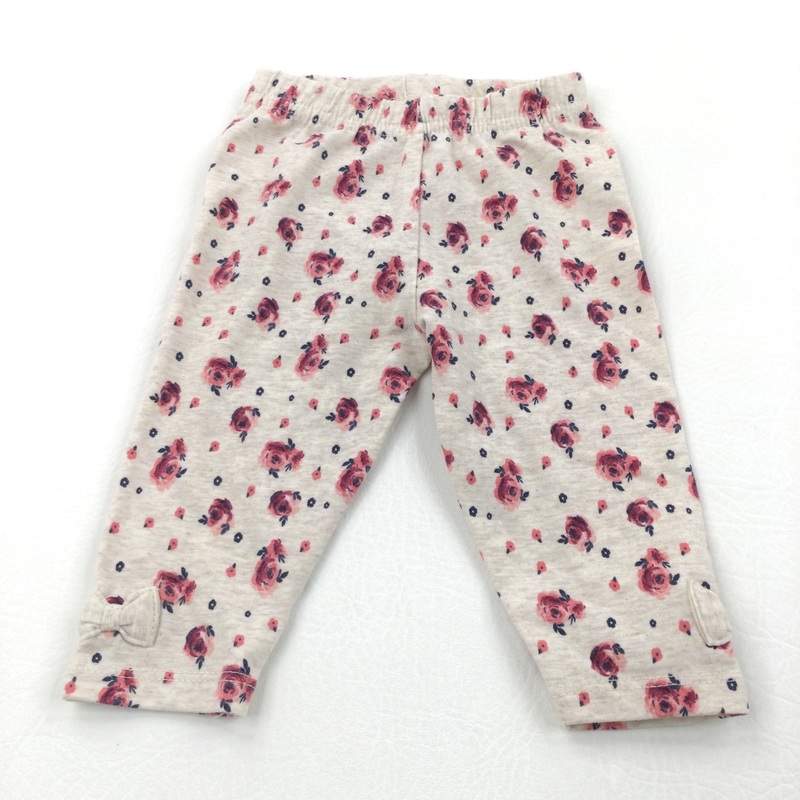 Roses Pink & Oatmeal Leggings with Bow Hems - Girls 3-6 Months