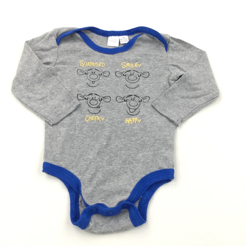 'Surprised, Smiley, Cheeky, Happy' Tigger Blue & Grey Long Sleeve Bodysuit - Boys 6-9 Months
