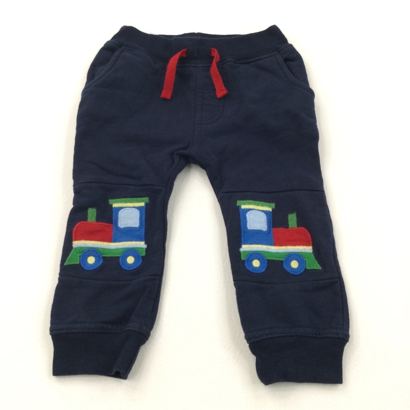 Trains Appliqued Navy Tracksuit Bottoms - Boys 6-12 Months