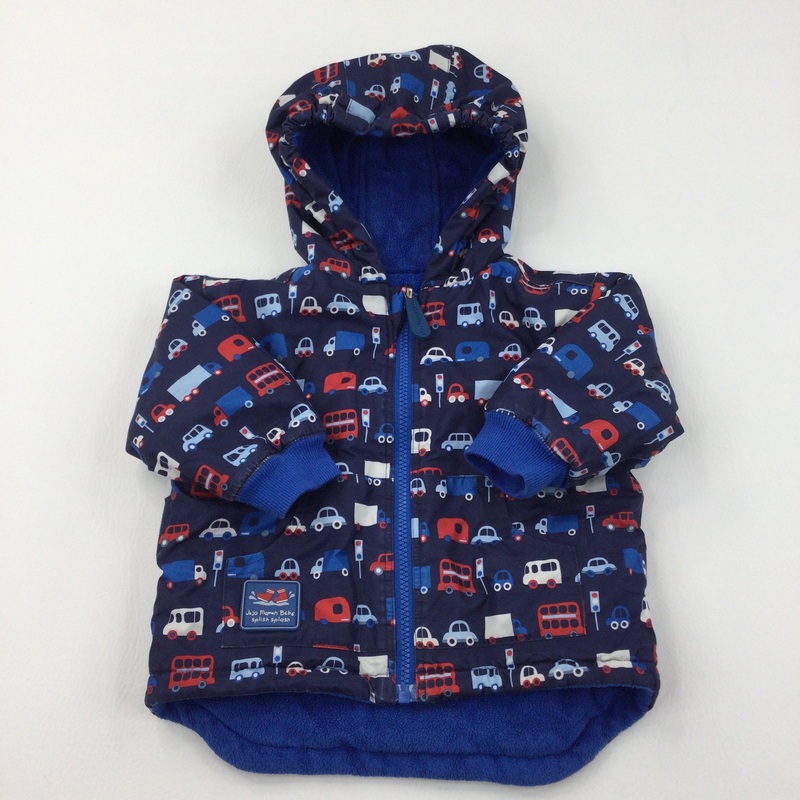Vehicles Colourful Reversible Navy/Fleece Showerproof Jacket with Hood - Boys 12-18 Months