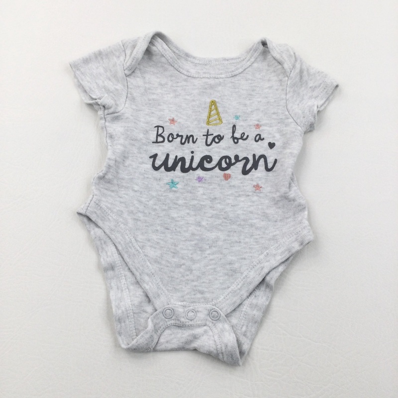 'Born To Be A Unicorn' Embroidered Grey Short Sleeve Bodysuit - Girls 0-3 Months