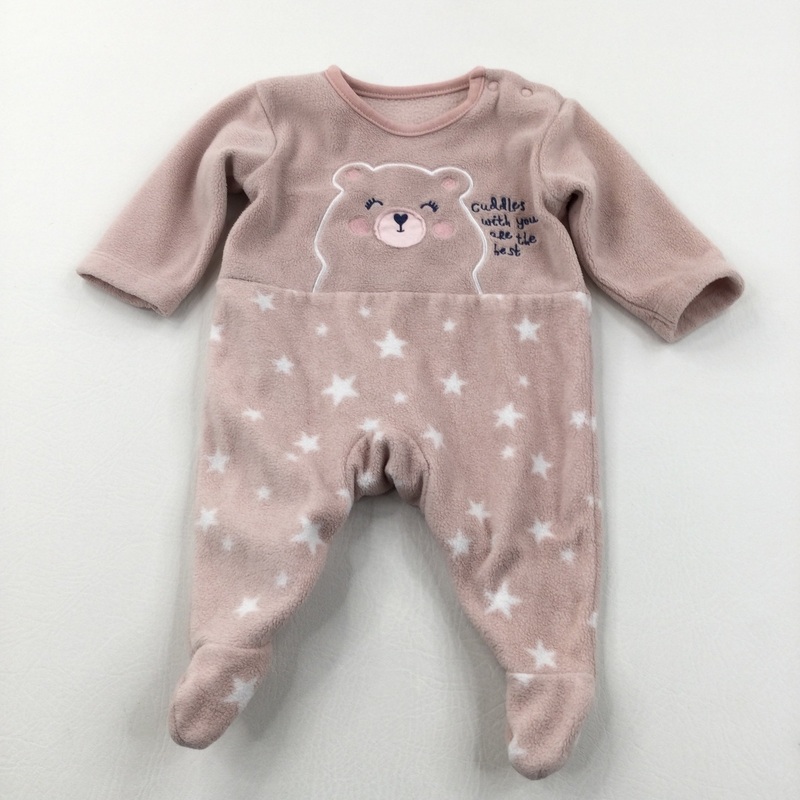 'Cuddles With You Are The Best' Bear Appliqued Pink Lightweight Fleece Pramsuit - Girls Newborn