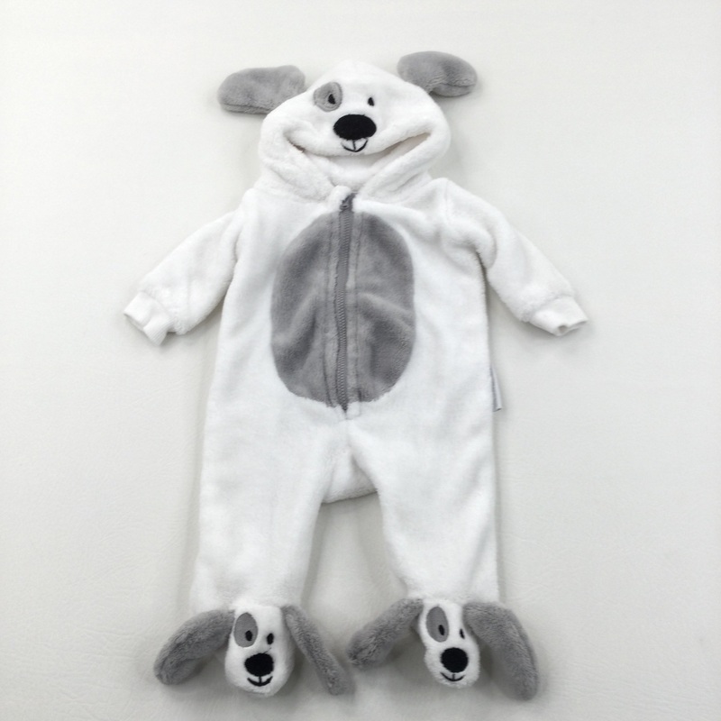 Dog Grey & White Lightweight Fleece Pramsuit with Hood & Ears - Boys Newborn