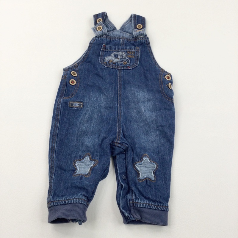 'Fast Wheels' Car & Stars Mid Blue Denim Dungarees - Boys 3-6 Months