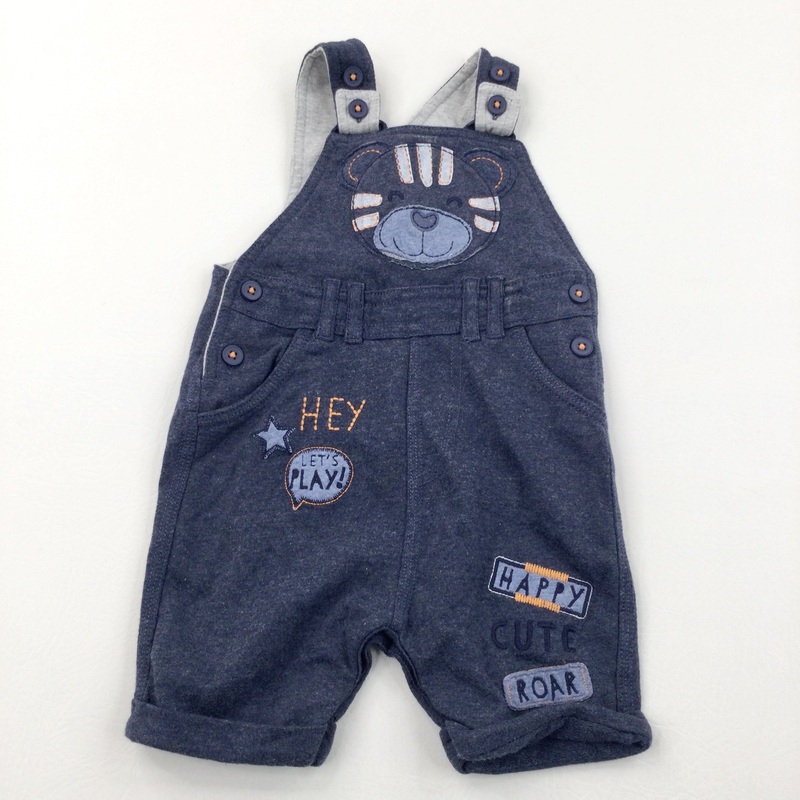 'Hey Let's Play' Tiger Face Appliqued Blue Jersey Short Dungarees - Boys 6-9 Months