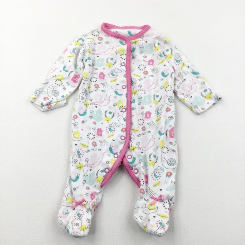 'Home Sweet Home' Snails & Houses Pink & White Babygrow with Integrated Mitts - Girls 0-3 Months