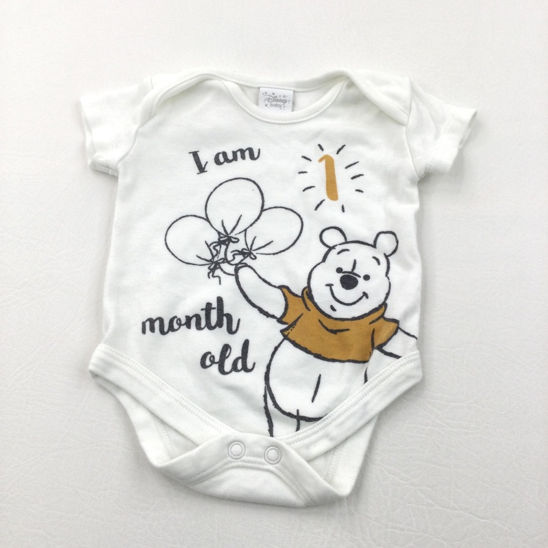 'I Am 1 Month Old' Winnie The Pooh Mustard Yellow & White Short Sleeve Bodysuit - Boys/Girls Newborn