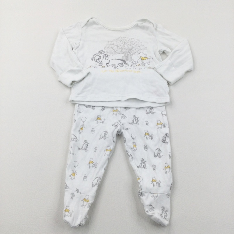 'Let The Adventures Begin' Winnie The Pooh & Friends White, Yellow & Grey Pyjamas with Enclosed Feet - Boys/Girls 3-6 Months