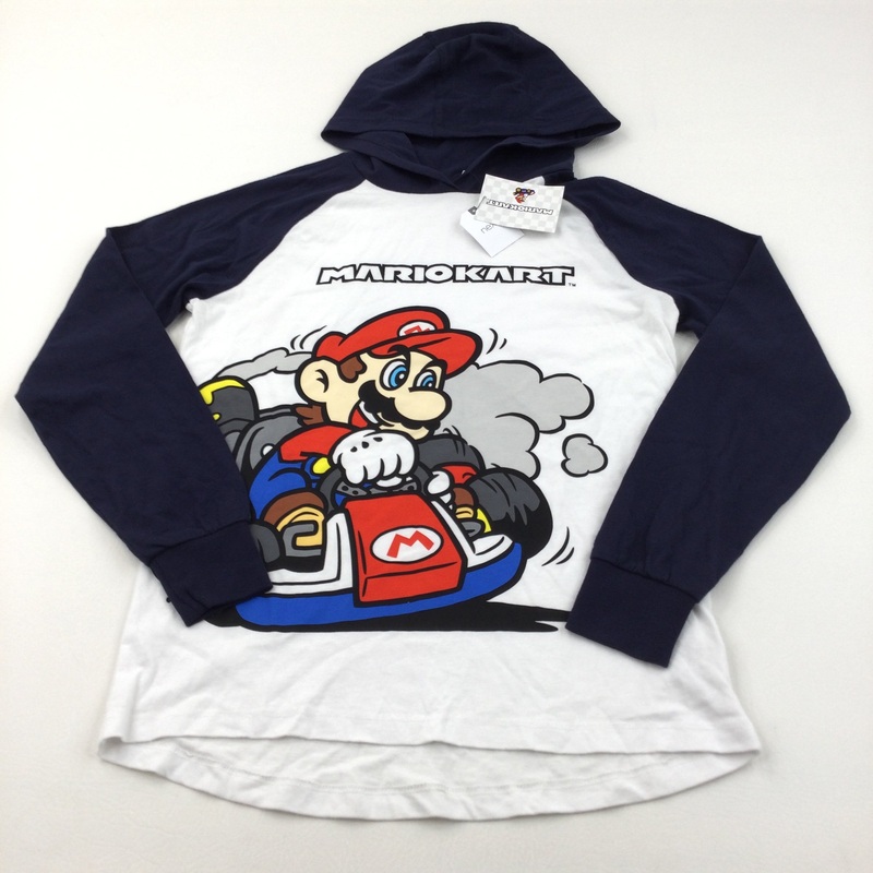 ''MarioKart' White & Navy Lightweight Hoodie Top/Sweatshirt - Boys 11-12 Years