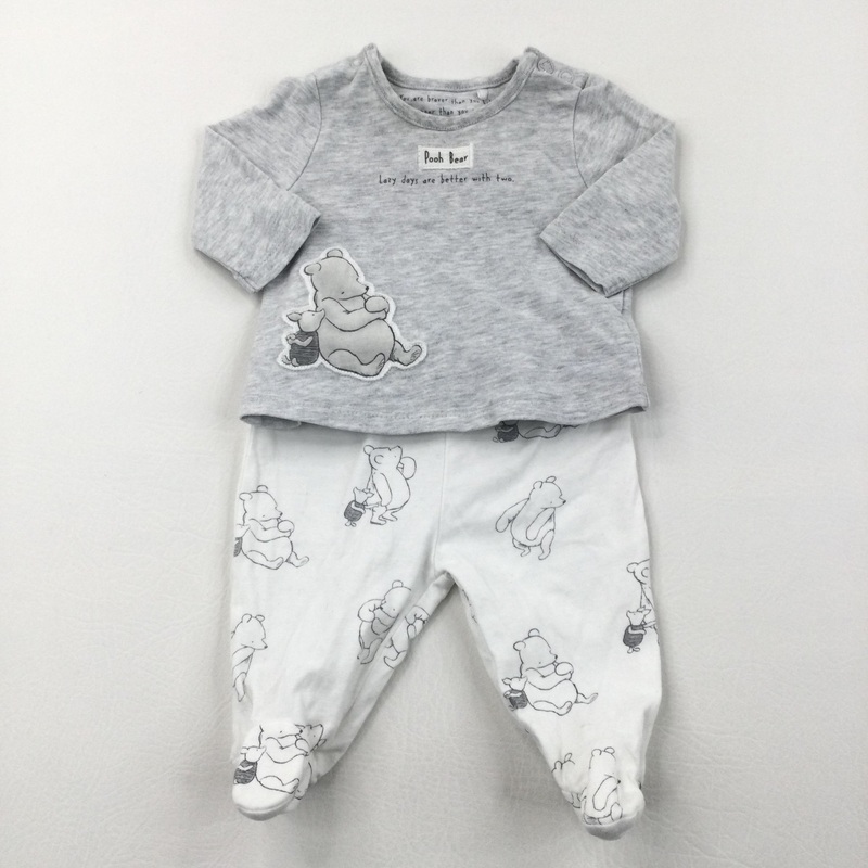 'Pooh Bear' Winnie The Pooh Grey & White Long Sleeve Top & Jersey Trousers with Enclosed Feet - Boys/Girls Newborn