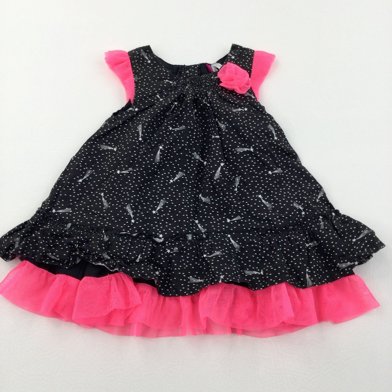 Shooting Stars Black & Neon Pink Cotton & Net Party Dress - Girls 6 Months