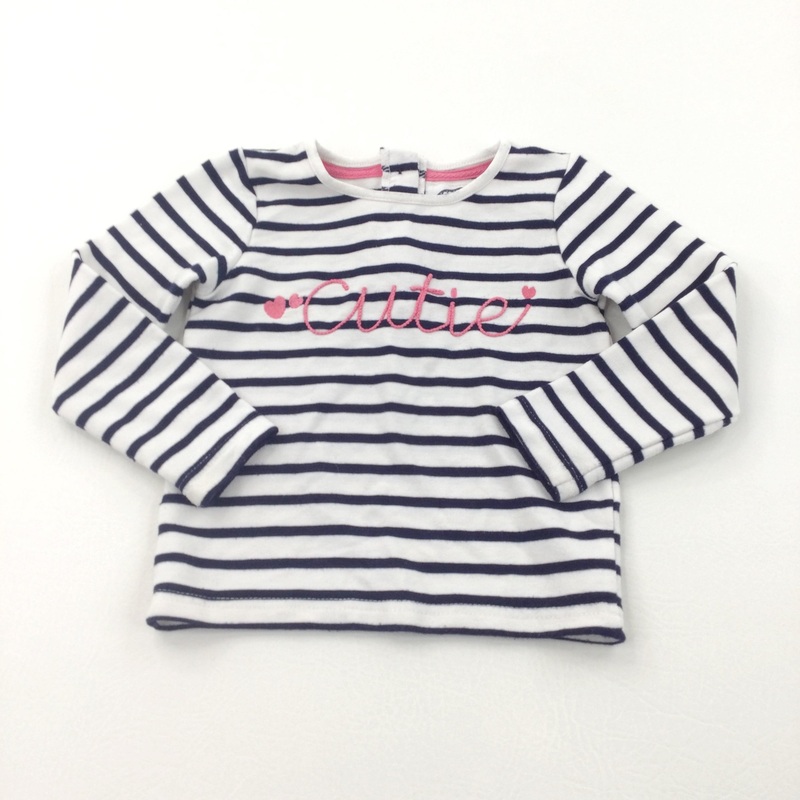 'Cutie' Appliqued Navy & White Striped Long Sleeve Top - Girls 12-18 Months