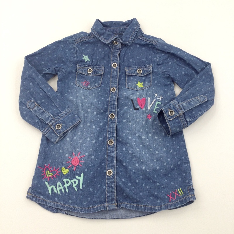 'Happy, Love' Stars & Hearts Embroidered Denim Effect Cotton Shirt Dress - Girls 2-3 Years