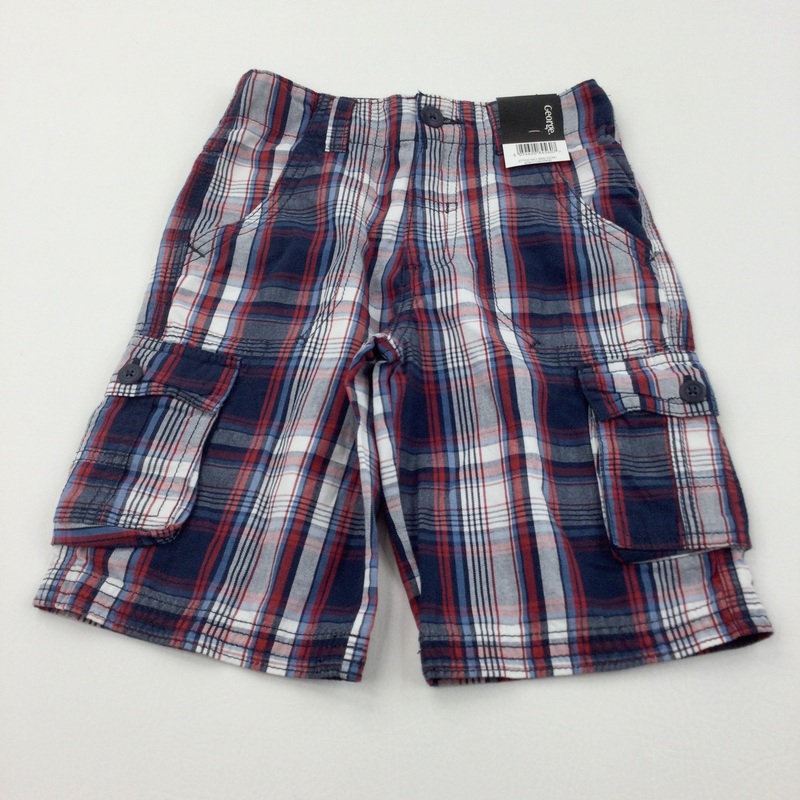 **NEW** Navy, Red & White Checked Cotton Cargo Shorts - Boys 6-7 Years