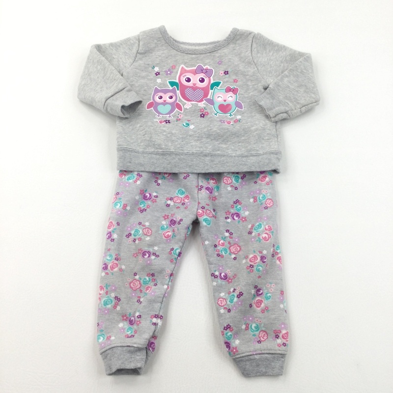 Owls & Flowers Grey Tracksuit Set - Girls 12 Months
