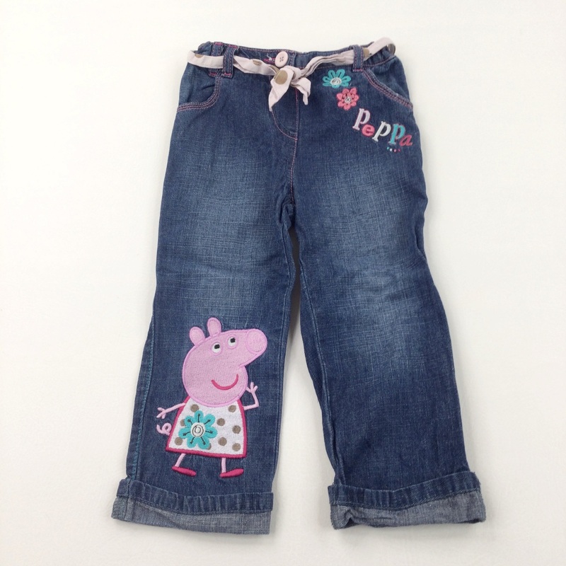 'Peppa' Flowers Appliqued Dark Blue Denim Trousers - Girls 2-3 Years