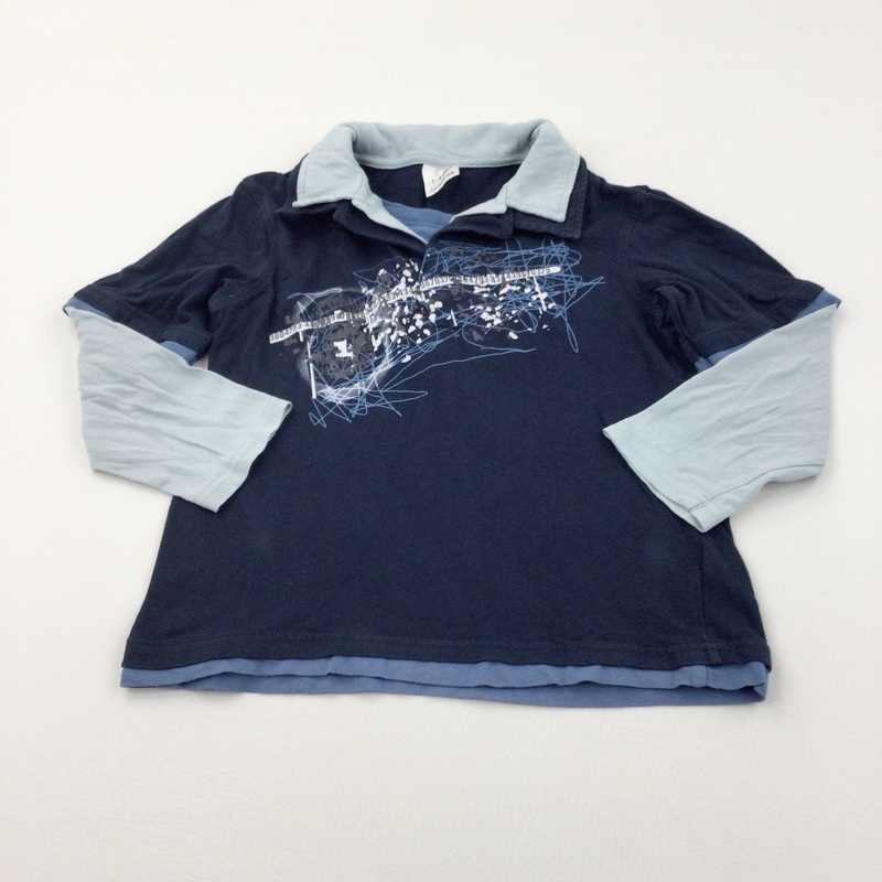 Scribble Design Navy & Light Blue Long Sleeve Polo Shirt - Boys 7-8 Years