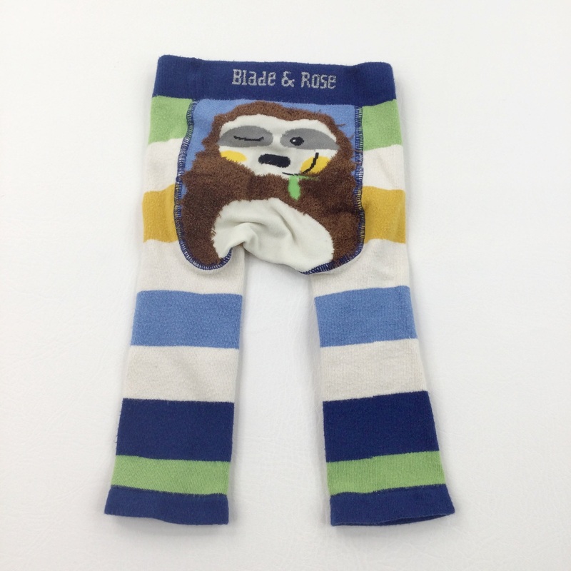 Sloth Blue, Yellow, Green & White Striped Knitted Leggings - Boys/Girls 12-24 Months