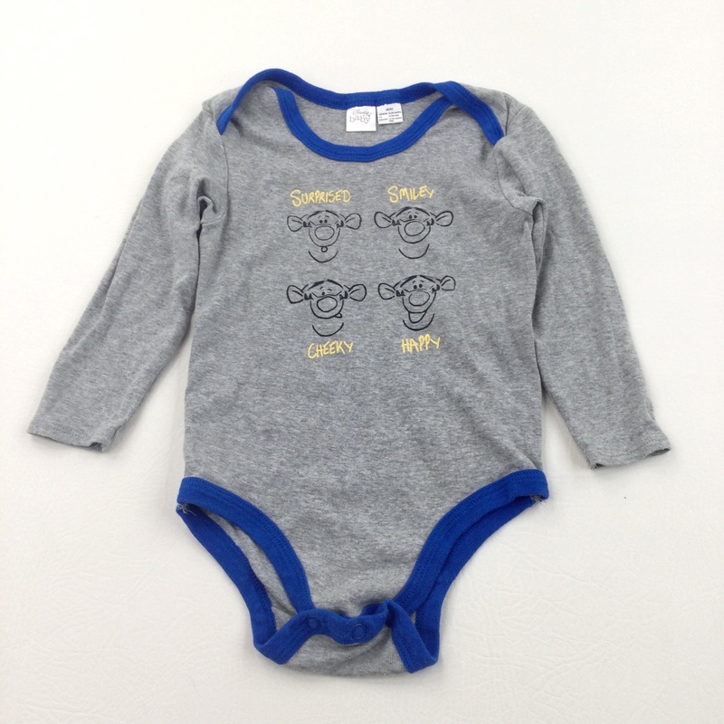 'Surprised, Smiley, Cheeky, Happy' Tigger Grey & Blue Long Sleeve Bodysuit - Boys 12-24 Months