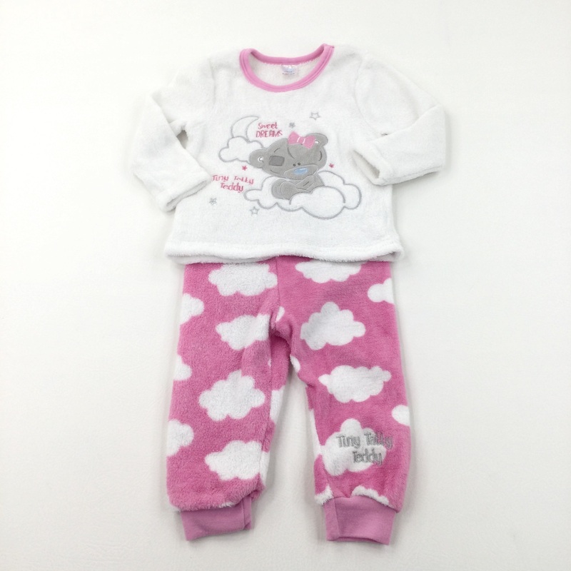 'Sweet Dreams Tiny Tatty Teddy' Appliqued Pink & White Fleece Pyjamas - Girls 12-18 Months