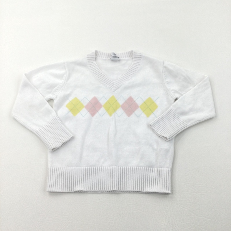 Yellow, Pink & White Argyle Lightweight Slim Fit Knitted Jumper - Boys/Girls 2-3 Years