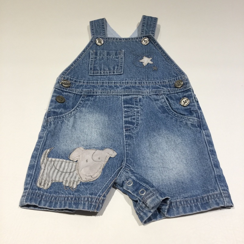 Appliqued Dog Light Blue Lightweight Denim Short Dungarees - Boys 3-6m