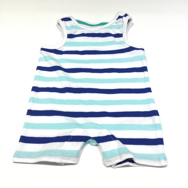 Blue & White Striped Sleeveless Jersey Romper - Boys Newborn