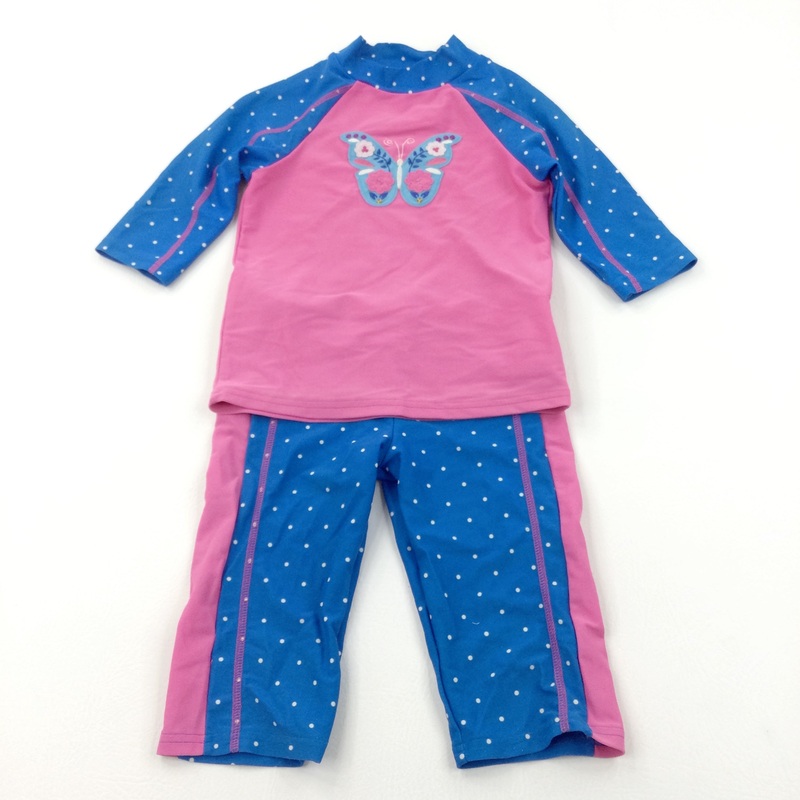 Butterfly Appliqued Pink & Blue Sun/Beach Suit - Girls 4-5 Years