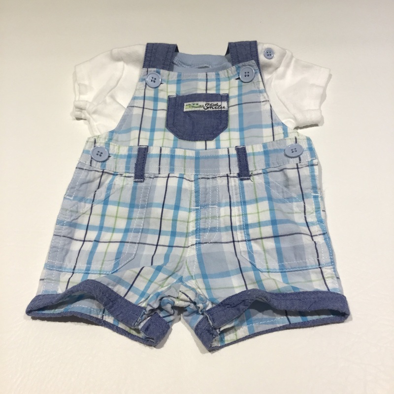'Little Smiler' Badge Blue, White & Green Checked Cotton Short Dungarees & White T-Shirt Set - Boys Newborn