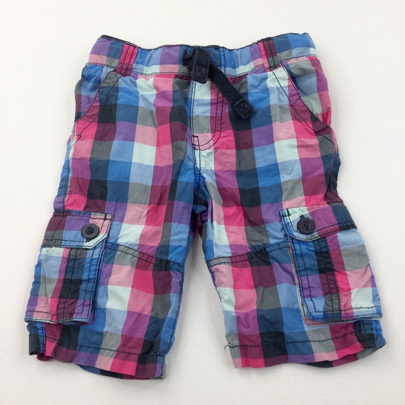 Pink, Navy & Blue Checked Cotton Cargo Shorts - Boys 5-6 Years
