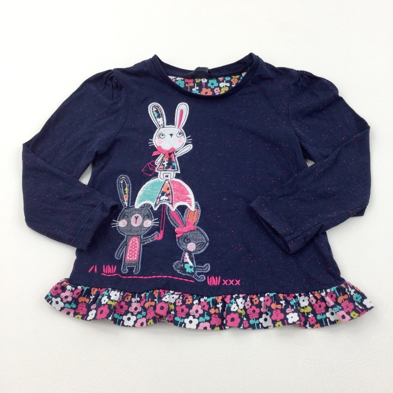 Rabbits Appliqued Navy & Pink Long Sleeve Top - Girls 3-4 Years