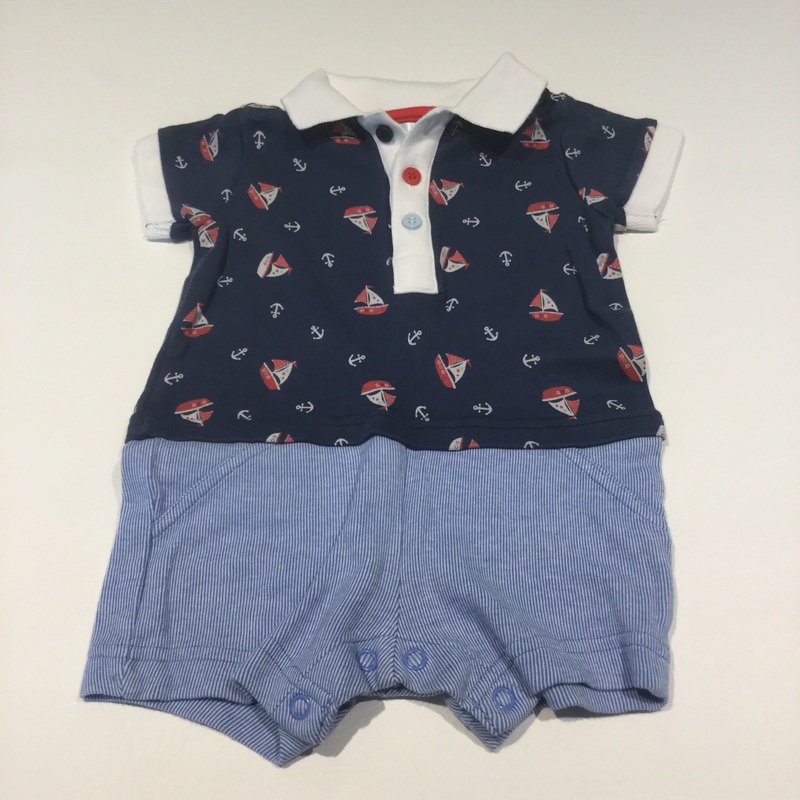 Sailing Boats Navy Mock T-Shirt & Blue & Attached White Striped Shorts Romper - Boys 0-3m