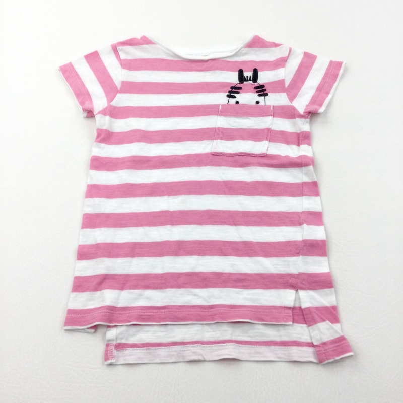 Zebra Embroidered Pink & White Striped T-Shirt - Girls 3-4 Years