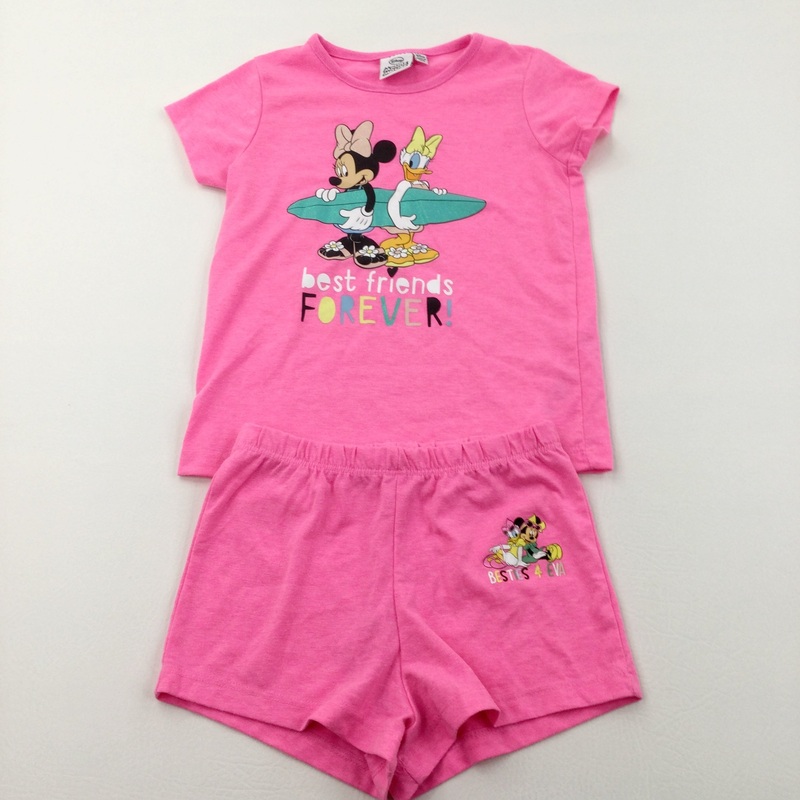 'Best Friends Forever' Minnie Mouse & Daisy Duck Neon Pink Short Pyjamas - Girls 3-4 Years