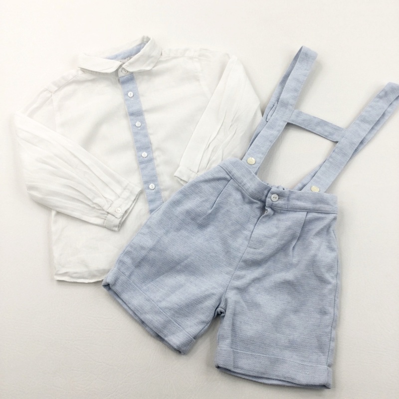 Blue & White Cotton Shirt & Shorts with Detachable Braces Set - Boys 3 Years