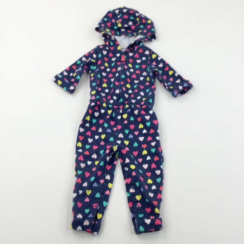 Colourful Hearts Navy Jersey Full Length Romper with Hood - Girls 12 Months