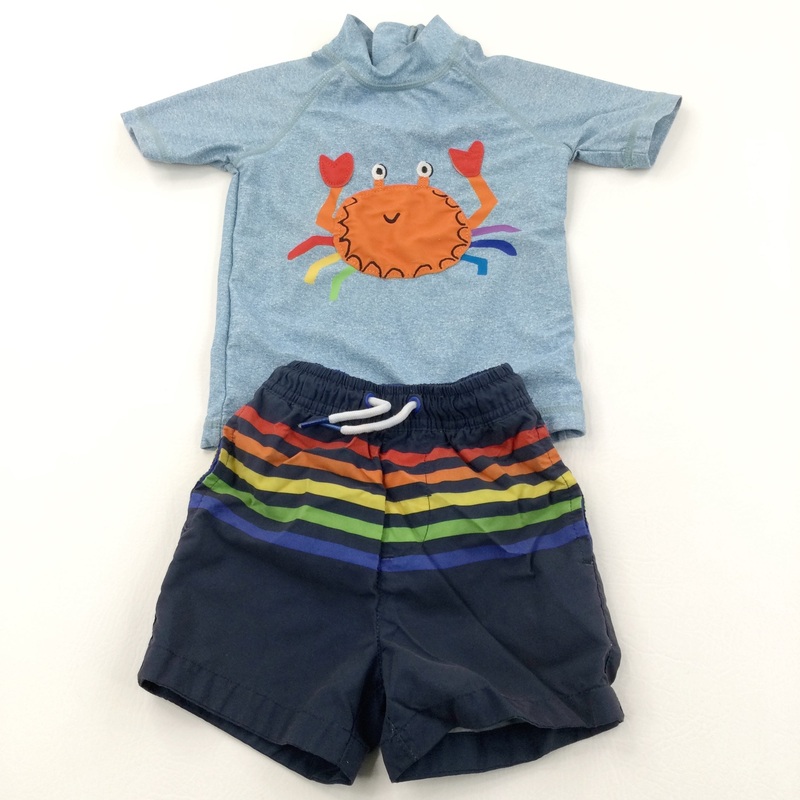 Crab Appliqued Blue & Navy Swim/Sun Top & Swimming Shorts Set - Boys 18-24 Months