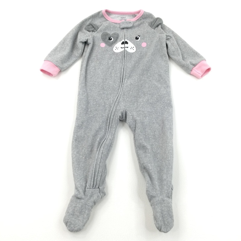 Dog Face Appliqued Grey & Pink Lightweight Fleece Pramsuit/Onesie with Non-Slip Feet - Girls 18 Months