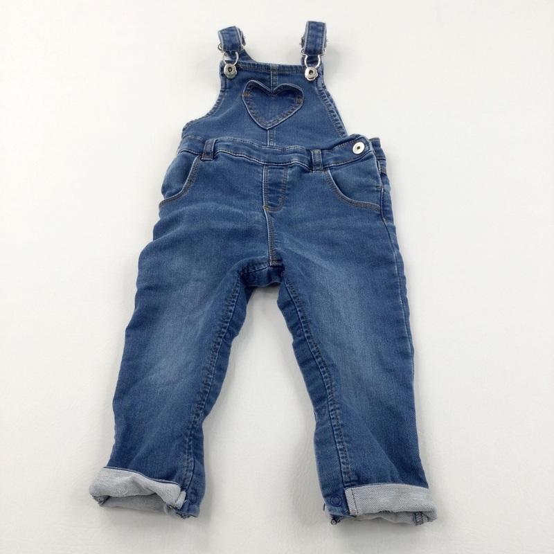 Heart Pocket Mid Blue Denim Dungarees - Girls 12-18 Months