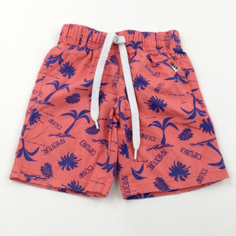 'Island Explorer Adventure' Palm Trees Red & Blue Lightweight Cotton Shorts - Boys 2-3 Years