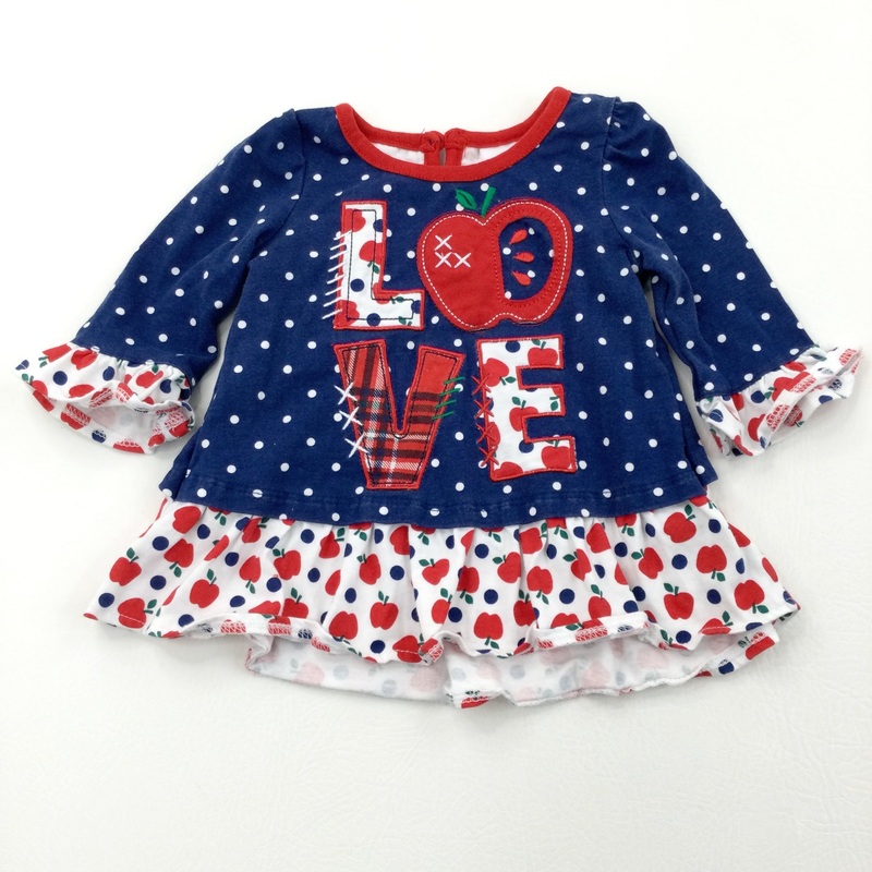 'Love' Appliqued Apples Red, Navy & White Jersey Dress - Girls 18-24 Months