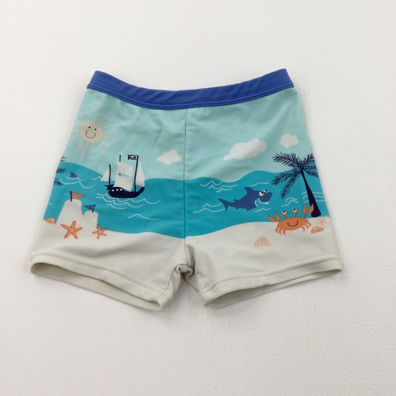 Pirate Ship & Sea Creatures Blue & White Swimming/Beach Shorts - Boys 3-4 Years