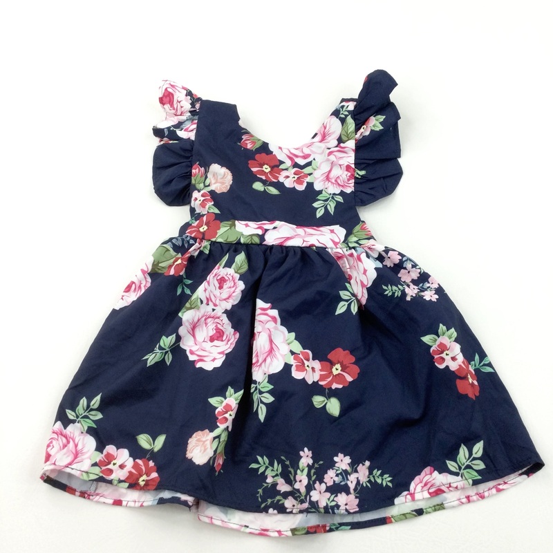 Roses Pink & Navy Polyester Sun/Party Dress - Girls 3-4 Years