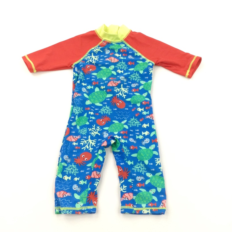 Sea Creatures Blue, Green & Red Sun/Beach Suit - Boys 9-12 Months