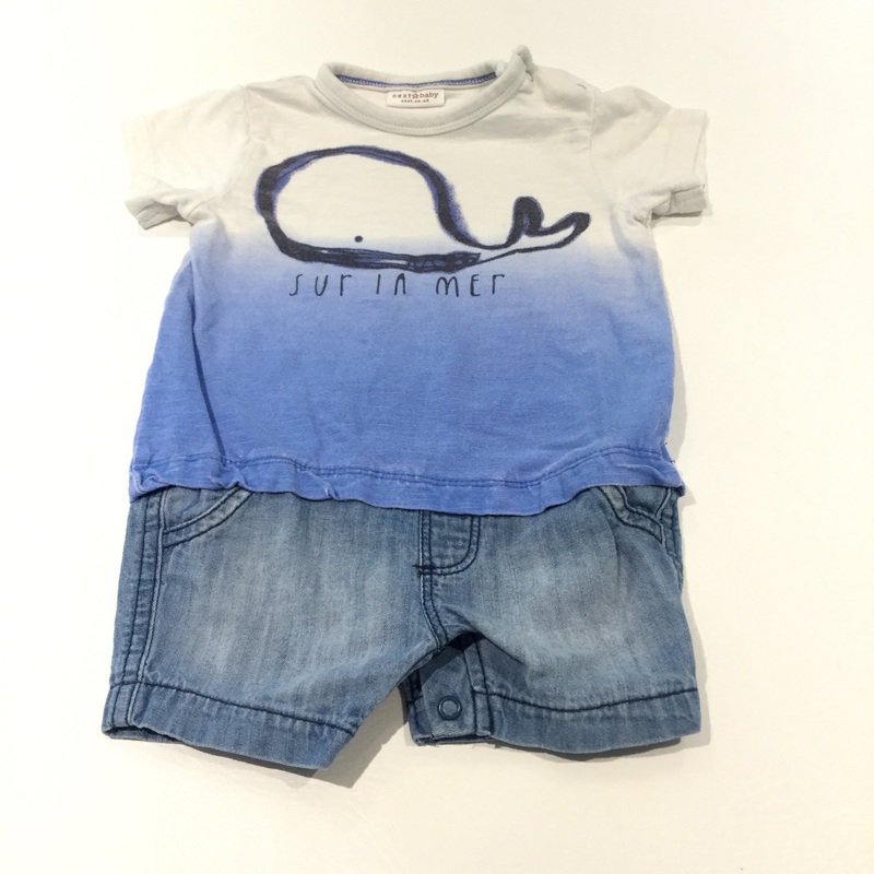 'Sur La Mer' Whale Blue & White T-Shirt with Attached Light Blue Denim Shorts Romper - Boys 3-6m