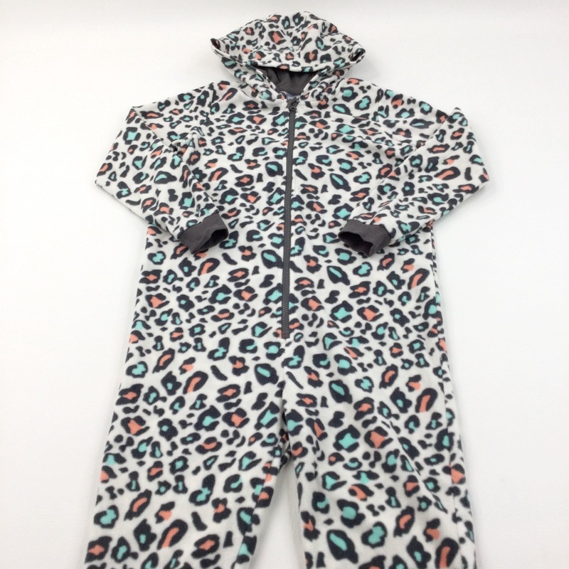 Animal Print Beige, Black, Orange & Blue Fleece Onesie with Hood - Girls 8-10 Years