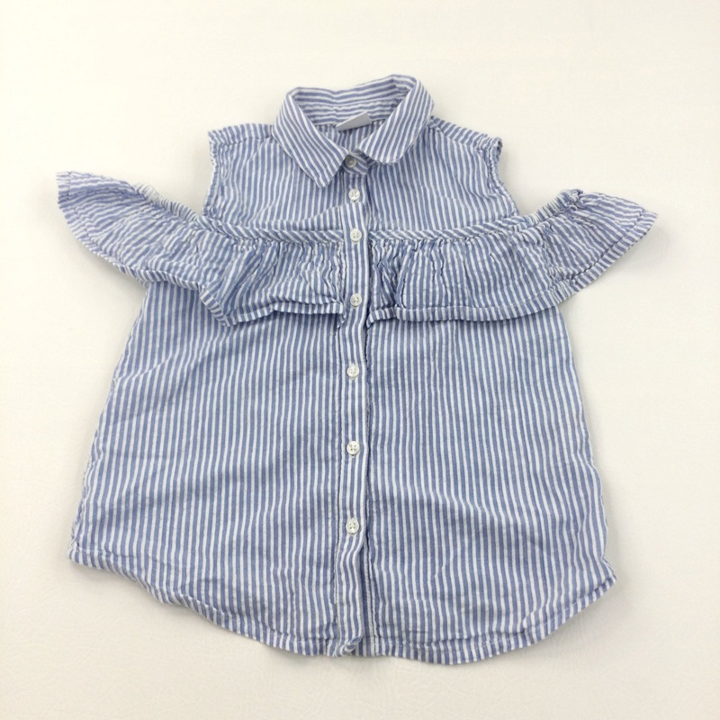 Blue & White Striped Cold Shoulder Cotton Blouse - Girls 9-10 Years