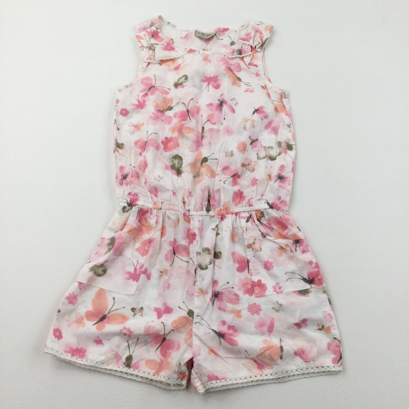 Butterflies Pink & White Lightweight Cotton Playsuit - Girls 6 Years